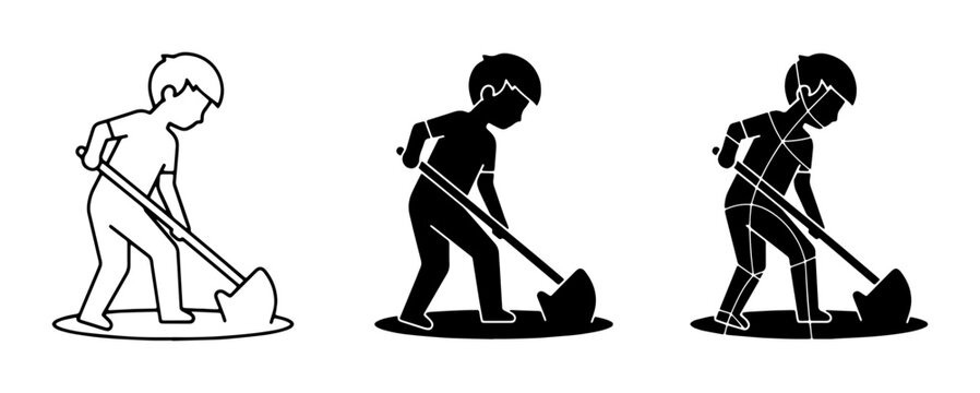 Child Digging with Shovel Vector Icons, Silhouette and Outline Styles, Outdoor Activity and Play