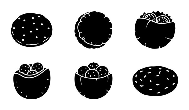 Set of 6 Black and White Food Icons: Falafel, Pita Bread, and Hummus, Vector Graphics for Culinary Design