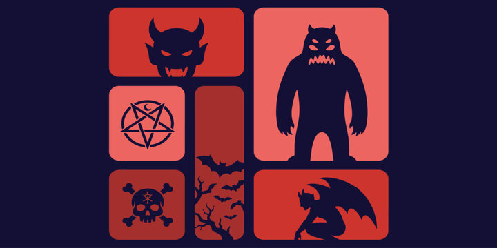 Spooky Halloween icons and design elements in a tiled graphic illustration.