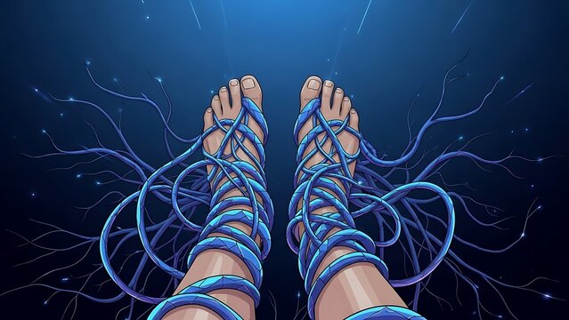 Womans feet wrapped in blue wires.