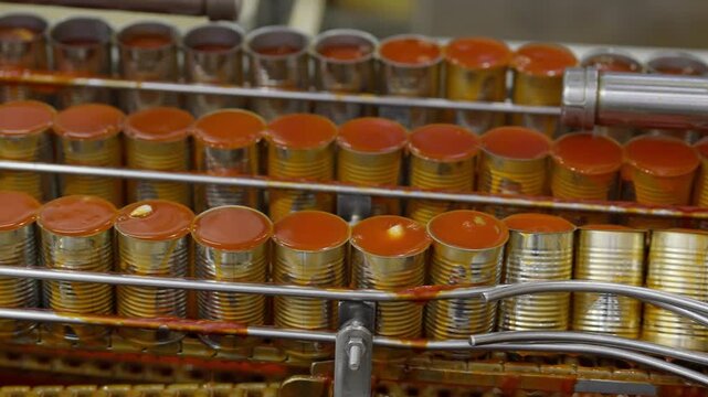 Food factory automated production line, Canned food on metal container production line in factory, industrial process with rows of tin cans, preserved food conveyor, sealed container processing line