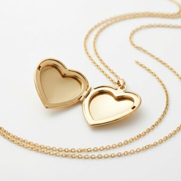 Open Gold Heart Locket Necklace on White Background, Sentimental Jewelry for Anniversary and Valentine Gift Marketing, Flexible Layout with Copy Space for Design