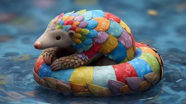 Cute toy hedgehog floating on colorful rubber ring in water