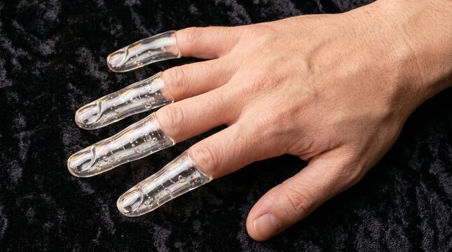Fingers that are made of blown glass, hollow, with tiny bubbles inside