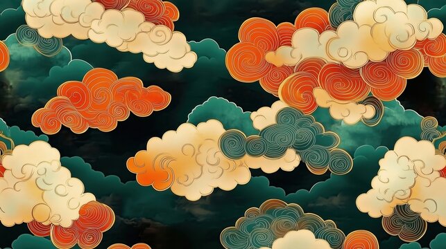 Seamless pattern of stylized clouds in gold and teal