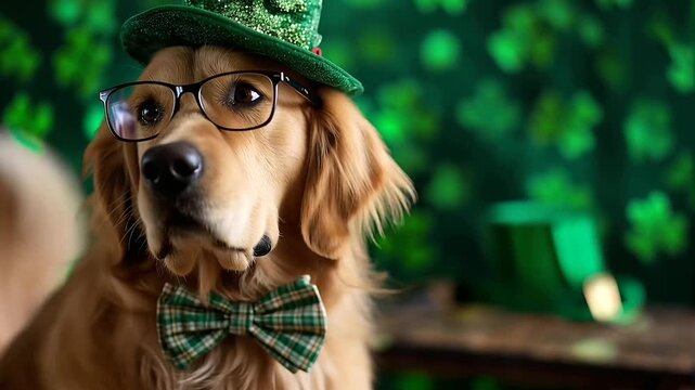 Golden retriever dressed for St. Patrick's Day with green hat, bow tie, and glasses, standing against shamrock-decorated green background, representing Irish celebration and luck,