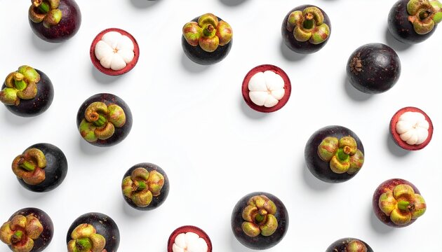 Exotic tropical mangosteens with deep purple skin and juicy white segments artfully arranged on a minimalist white backdrop