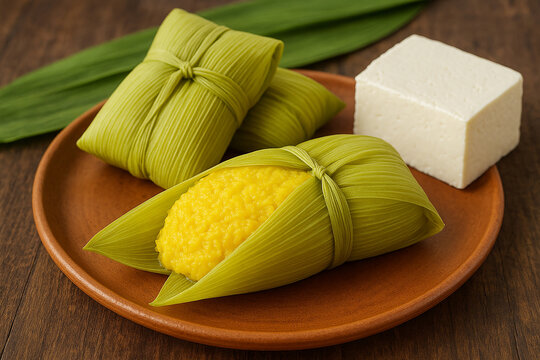 Humita - Latin American traditional food. Corn and leaves served with cheese stock photo 