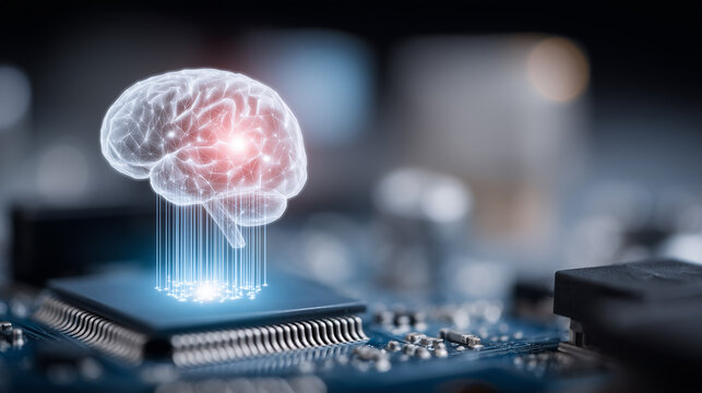 A digital brain rising from a computer chip, symbolizing artificial intelligence, cognitive computing and advanced technology.
