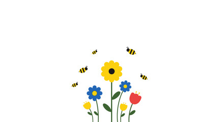 Cute Bees Flying Around Colorful Spring Flowers on White Background © Buffal