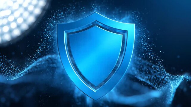 Abstract glowing blue shield on dark background for digital security