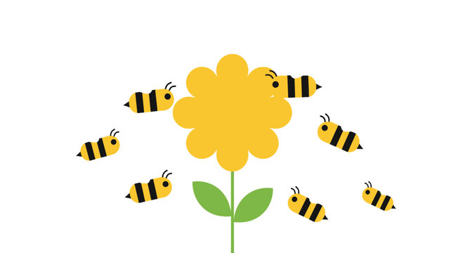 Cute bees buzzing around a yellow flower on white background, cartoon style