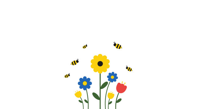 Cute Bees Flying Around Colorful Spring Flowers on White Background