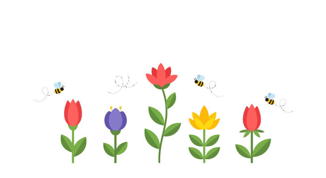 Cute Cartoon Bees Flying Around Spring Flowers on White Background