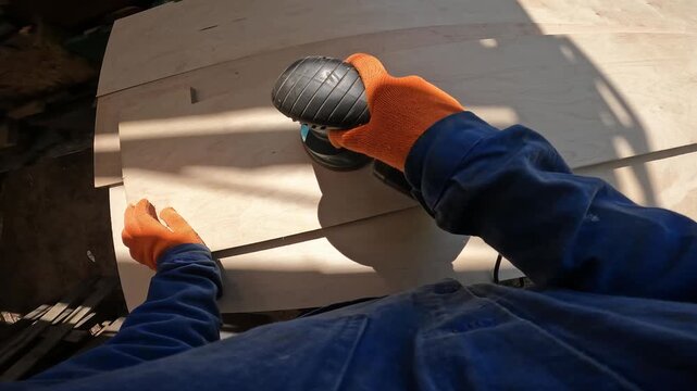 First person view of the process of sanding a wooden surface with an orbital sander. A craftsman in protective gloves uses a power tool to process plywood. The process of processing wood in a workshop