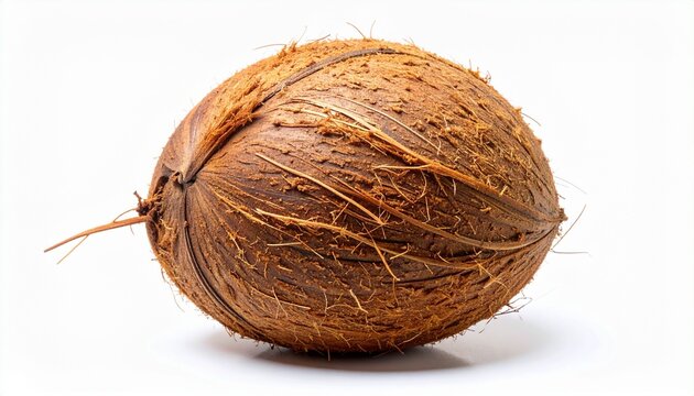 Whole textured coconut isolated on white, representing tropical freshness and natural wellness