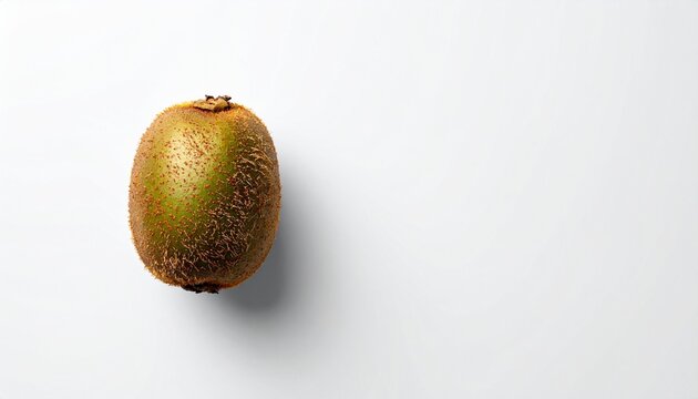 A single, fresh, and ripe kiwi fruit with its characteristic fuzzy brown skin, isolated on a clean white background, showcasing its natural texture and vibrant green flesh