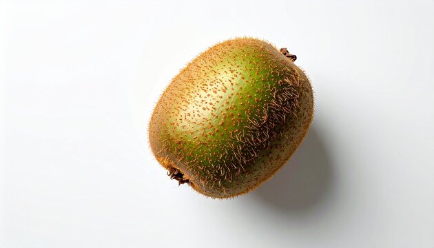 Close-up studio shot of a single, fresh, fuzzy kiwi fruit with a white background