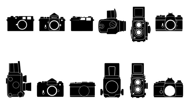 Cameras vintage set with classic and retro designs in black and white featuring photography, film, analog with old-fashioned and camera collection