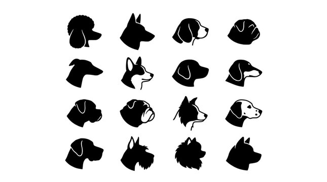 Dog head icons grid with black silhouette profiles showing different breeds and face angles for pet themed design