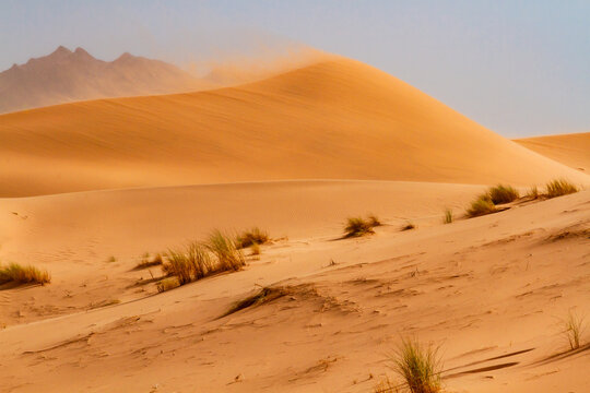 A view of the Sahara Desert. The vast dunes of Tin Merzouga. Fine sand shifting atop a dune. The Tadrart Rouge mountains in the background. Tassili N'Ajjer National Park, Algeria,  Africa
