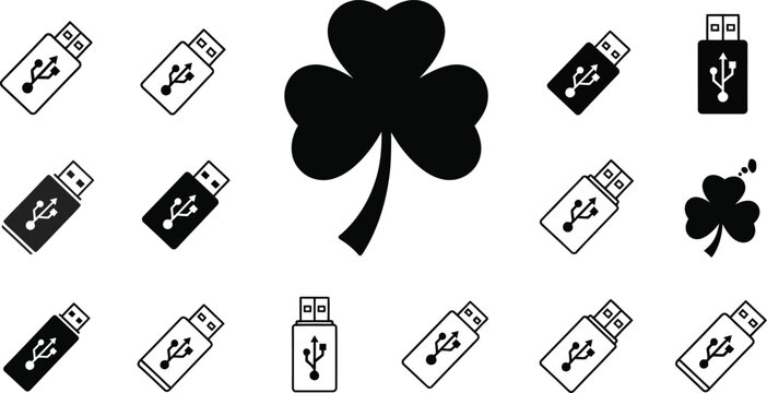 Minimalist black line and silhouette icon set featuring usb flash storage drives and three leaf clover shamrocksMinimalist black line and silhouette icon set featuring usb flash storage drives and thr
