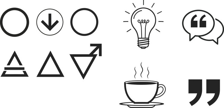 Minimalist black line icon set featuring geometric shapes alchemy symbols light bulb coffee cup and quotation mark bubblesMinimalist black line icon set featuring geometric shapes alchemy symbols ligh