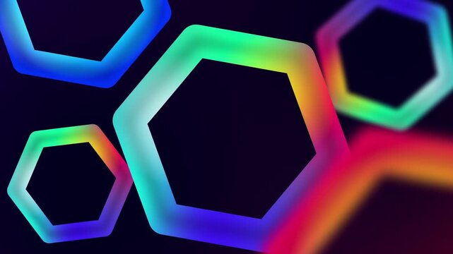 Glowing neon hexagon shapes with smooth camera movement and colorful gradient lighting in abstract futuristic background