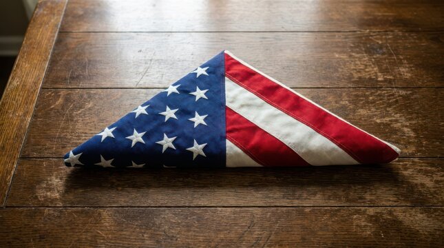 A ceremonial folded american flag resting on a rustic wooden table