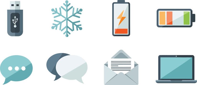 Flat digital technology and communications icon set with usb drive snowflake battery indicators speech bubbles envelope and laptopFlat digital technology and communications icon set with usb drive sno