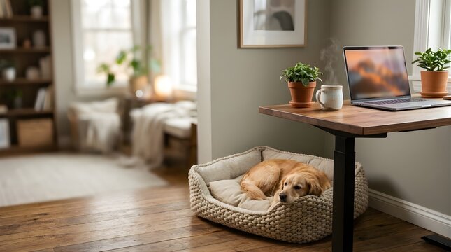 Golden retriever dog sleeping in a pet bed under a desk in home office