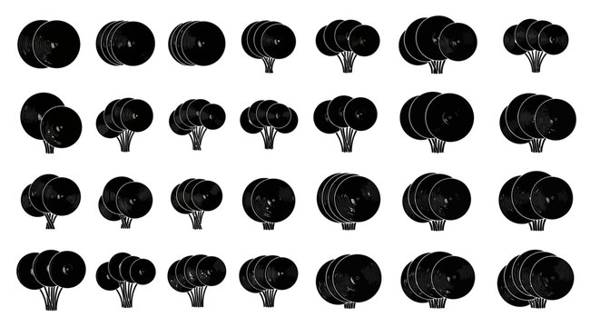 Collection of black vinyl records on stands isolated on white background music nostalgia