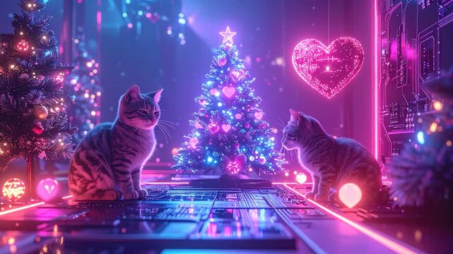 Two cats in a neon-lit cybernetic Christmas scene, with trees and hearts