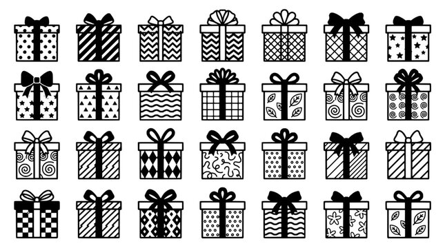 Gift boxes icon set with varied patterns, bows, and ribbon details, arranged in a clean row for festive design