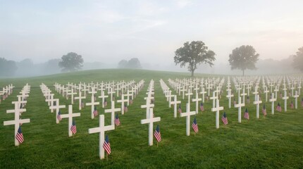 Obraz premium Rows of white crosses at a military cemetery with american flags at dawn