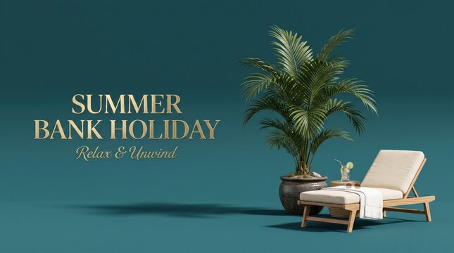 Summer Bank Holiday banner with tropical palm tree and sun lounger, luxury vacation concept on teal background, relax and unwind travel poster