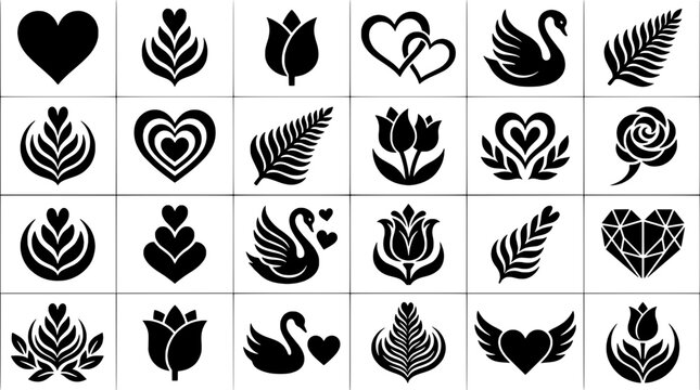 Hearts and swans doodle drawn set with black and white floral designs featuring love, romance, nature with swan and heart elements for leaf, rose