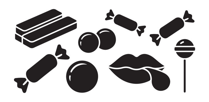 Set of black and white icons of lips, candies, gum, and lollipop.