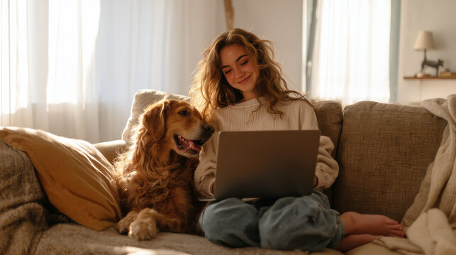 Young woman relaxing on sofa with a dog using laptop at home, cozy lifestyle and remote work