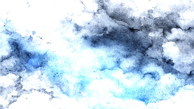 Abstract blue watercolor background with ink splashes, artistic indigo paint texture on white paper, ethereal smoke and cloud vector illustration