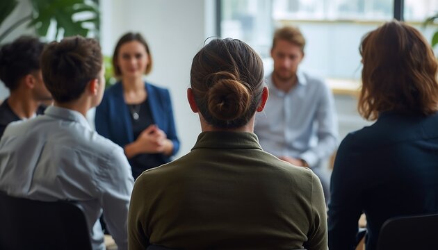 A diverse group of people sit in a circle, engaged in a supportive group therapy or counseling session.