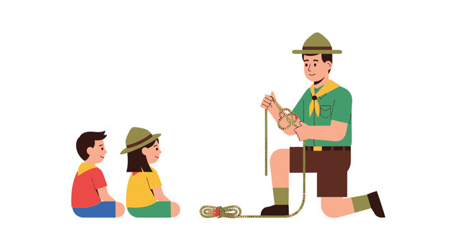 Scout Leader Teaching Knot Tying to Children Outdoors
