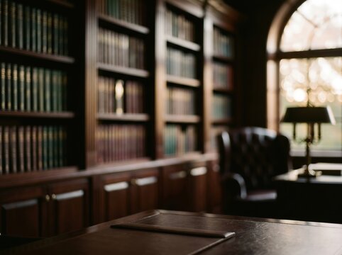 Classic library office blurred background study room bookshelves furniture professional executive workspace interior architecture law firm academia