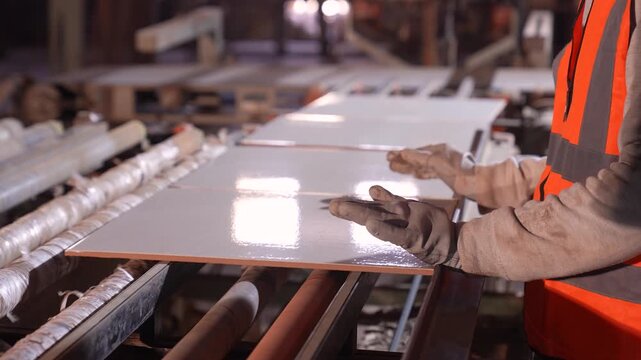 Factory worker inspecting ceramic tiles on industrial conveyor line in manufacturing plant