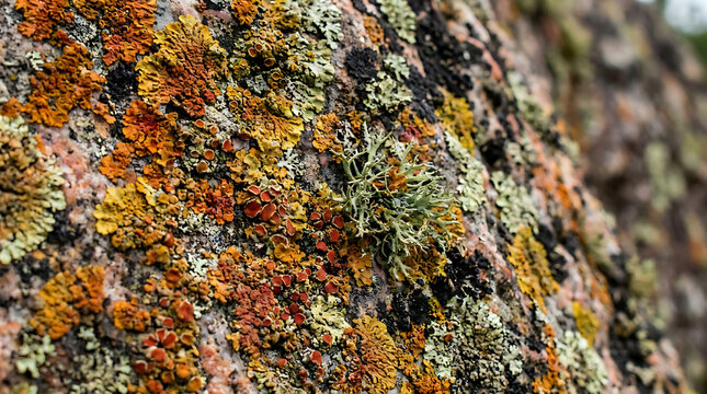 Intricate Lichen Colonies Flourishing on a Rough Rock Surface Displaying Diverse Textures and Colors
