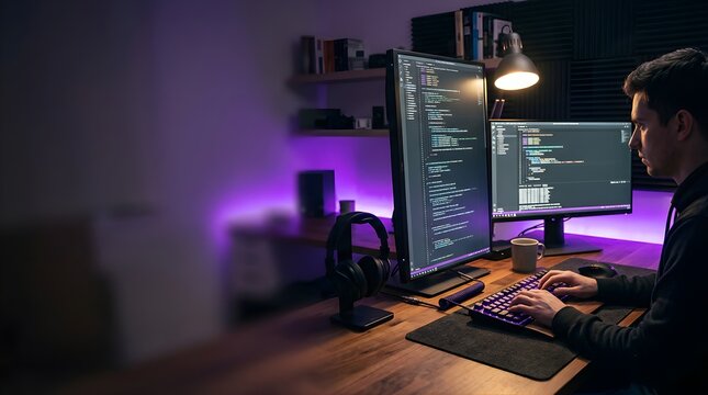 Male software developer writing code on computer monitors at night desk