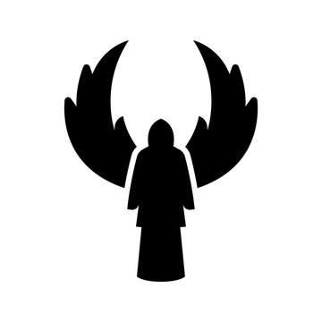 Death angel icon. Religion and psychopomp filled symbol. Black and white.