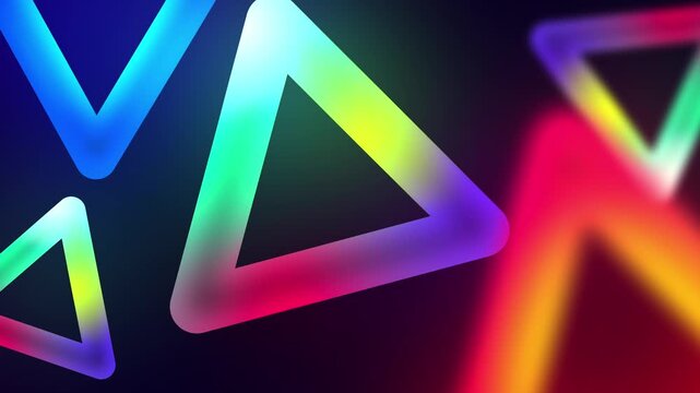 Glowing neon triangle shapes with cinematic camera movement and colorful gradient lighting in abstract geometric background