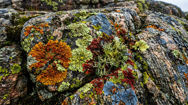 Vibrant lichens in diverse colors flourishing on a rugged rock face, showcasing nature's intricate patterns and resilience in geological settings.
