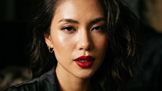 Woman with bold red lips gazes directly at viewer with confident expression